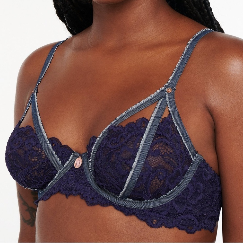 Savage X Fenty Navy Blue Framed in Denim Unlined Demi Bra - Size: 34C